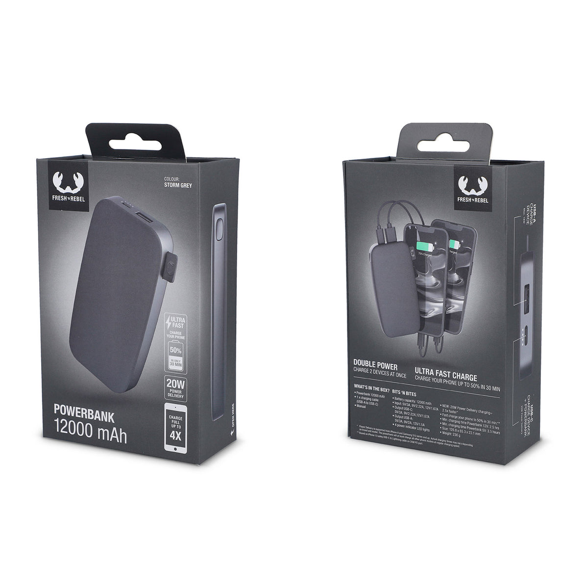 Fresh 'n Rebel Powerbank 12000mAh USB-C 20W, storm grey tummanharmaa
