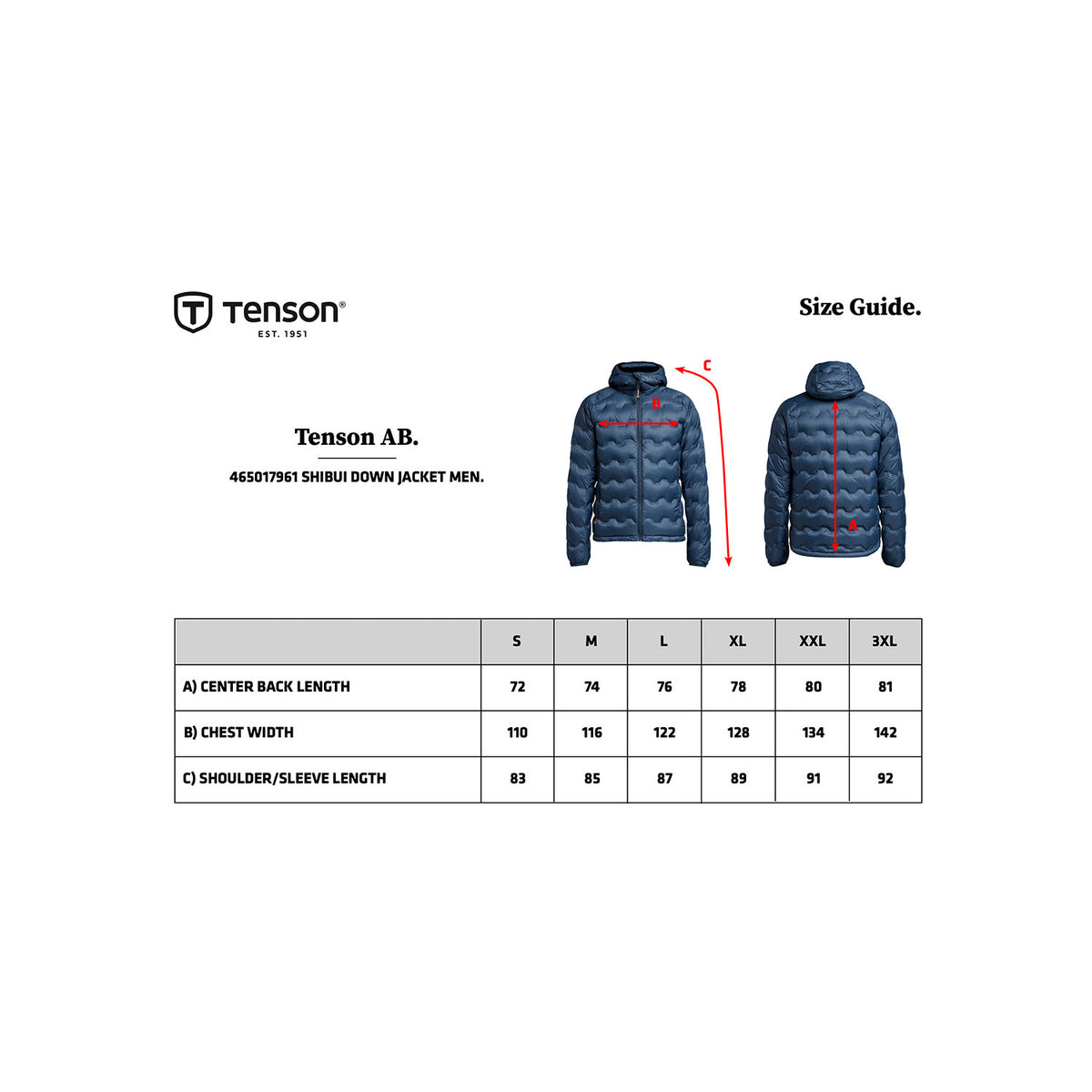 TXlite Shibui Down Jacket men, kokotaulukko