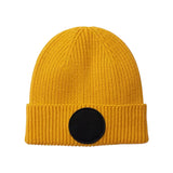 Circular Fashion Patch Beanie, mustard, sinapin keltainen pipo mustalla pyöreällä kangasmerkillä