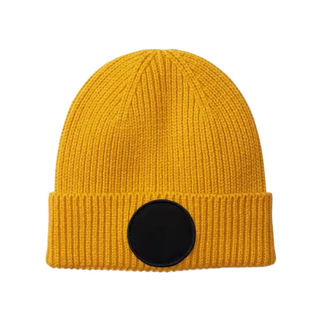 Circular Fashion Patch Beanie, mustard, sinapin keltainen pipo mustalla pyöreällä kangasmerkillä