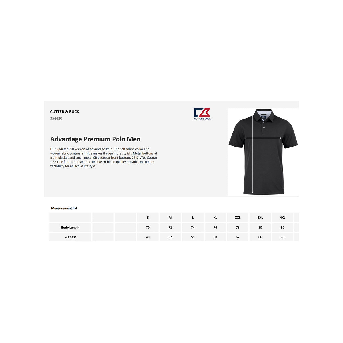 cutter buck premium advantage polo kokotaulukko